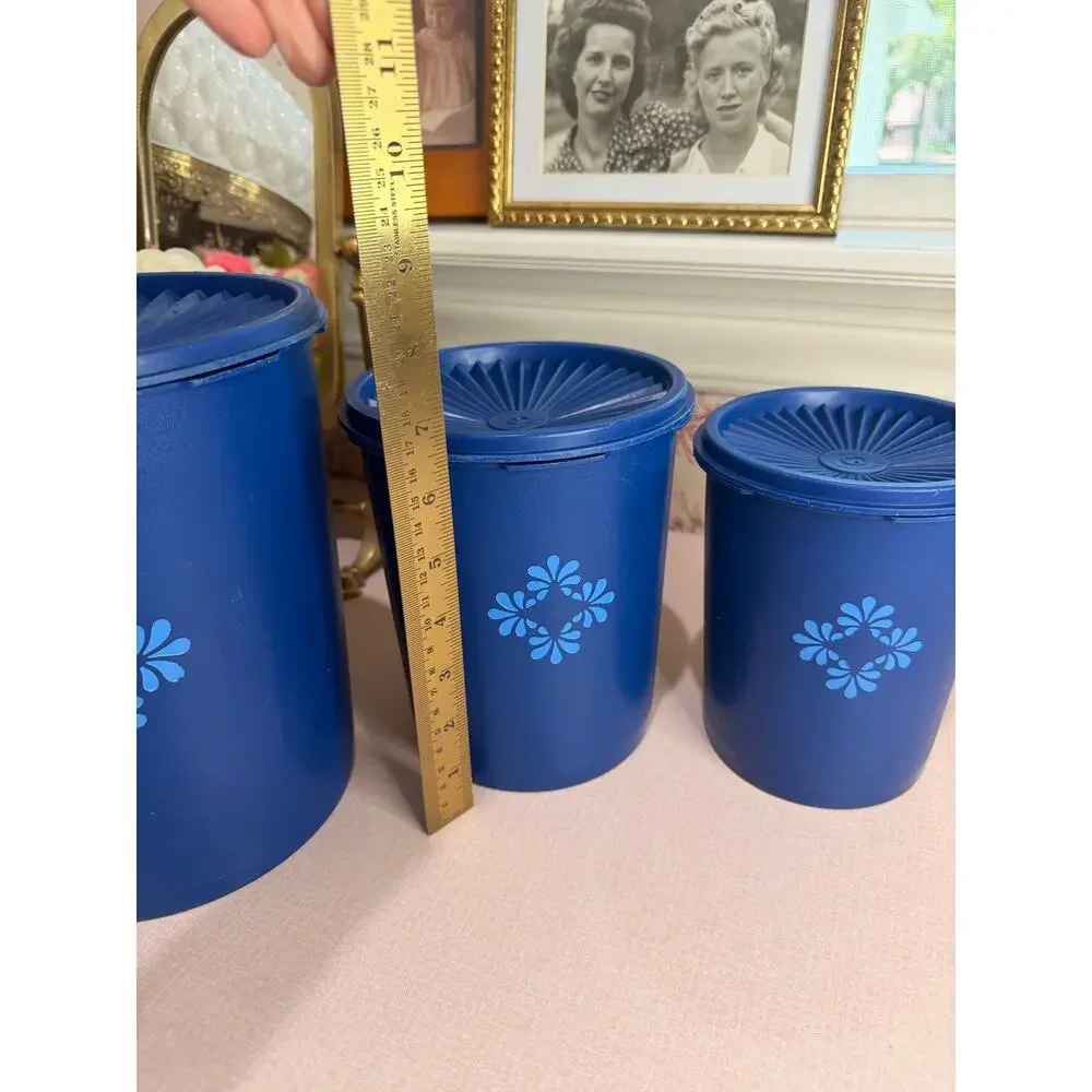 Vintage Tupperware Canister Set, Servalier, Set of 3 Dark Blue Sunburst Lids